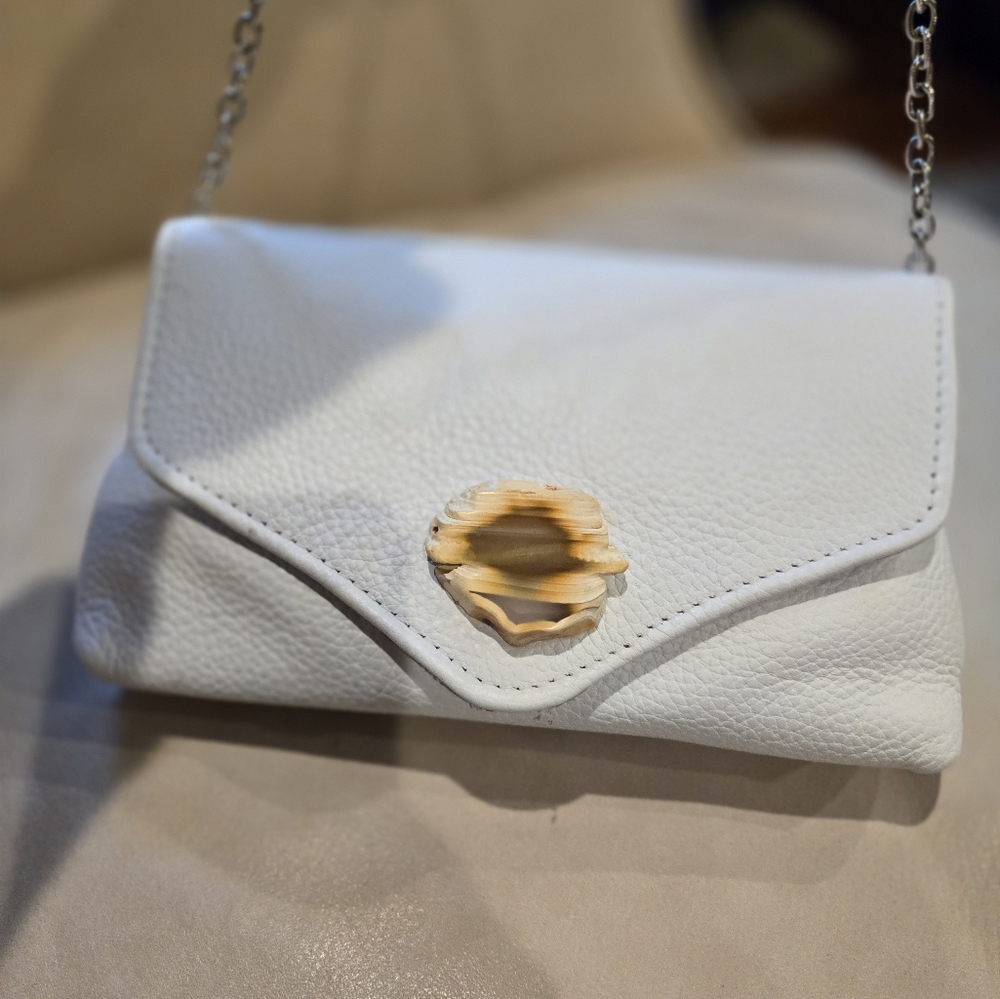 Kemestry Pebbled Leather White Purse Chain Strap Crossbody Stone Detail Magnetic